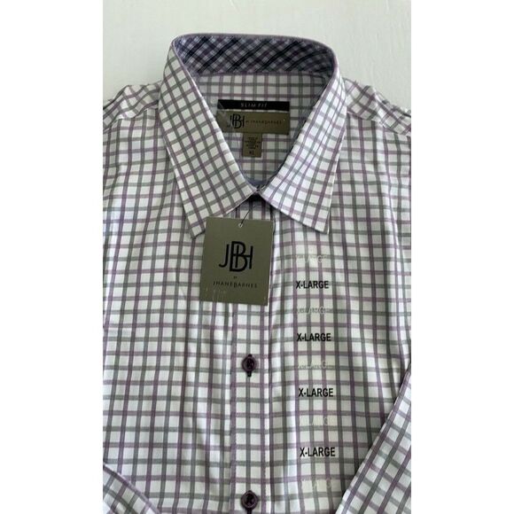 New JHane Barnes XL Men Slim Fit Purple Checkered Plaid Collar Button Up Shirt 3 - Picture 1 of 8